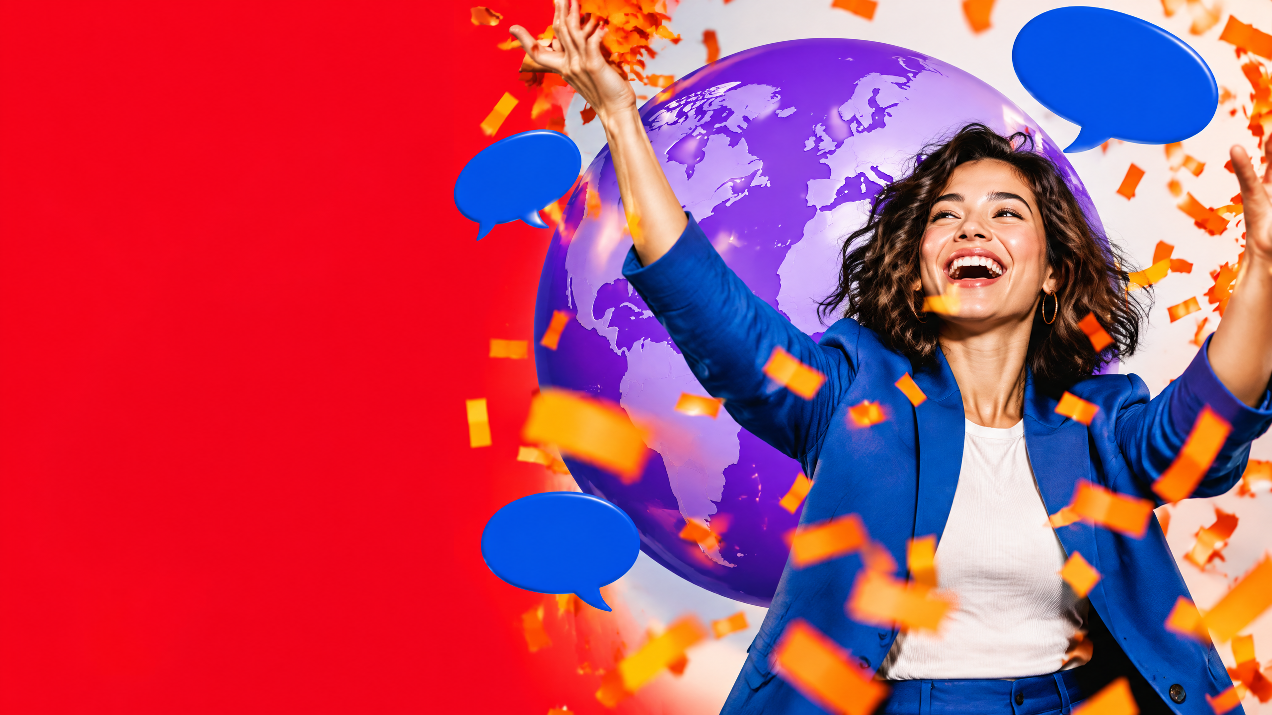 A joyful campaign image with a creative director, confetti and a purple globe graphic