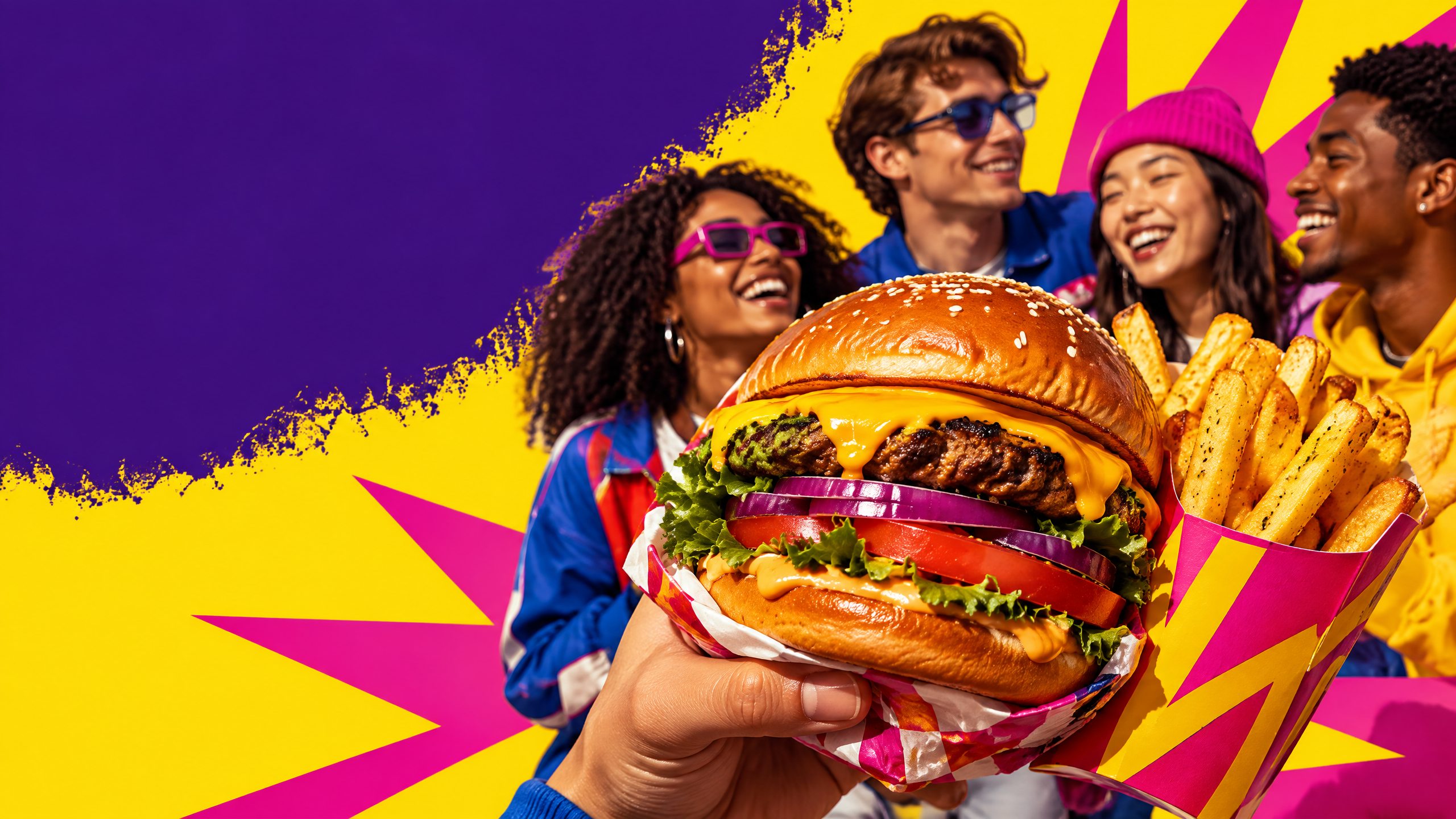 A bright food campaign image featuring a burger, fries and colourful graphic shapes