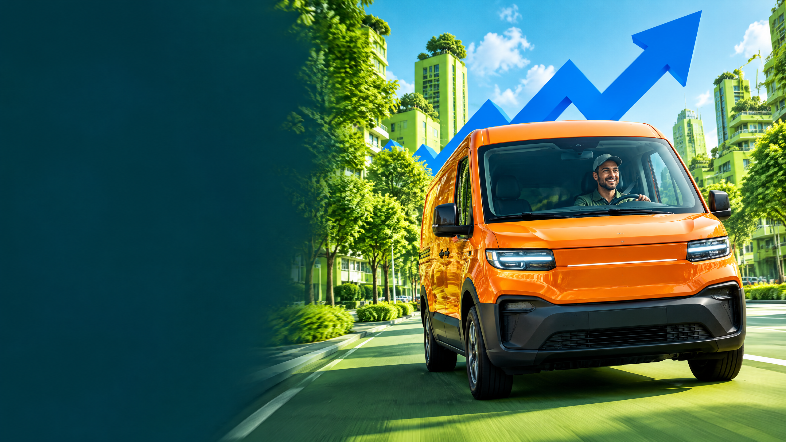An orange electric delivery van driving through a bold green city campaign scene