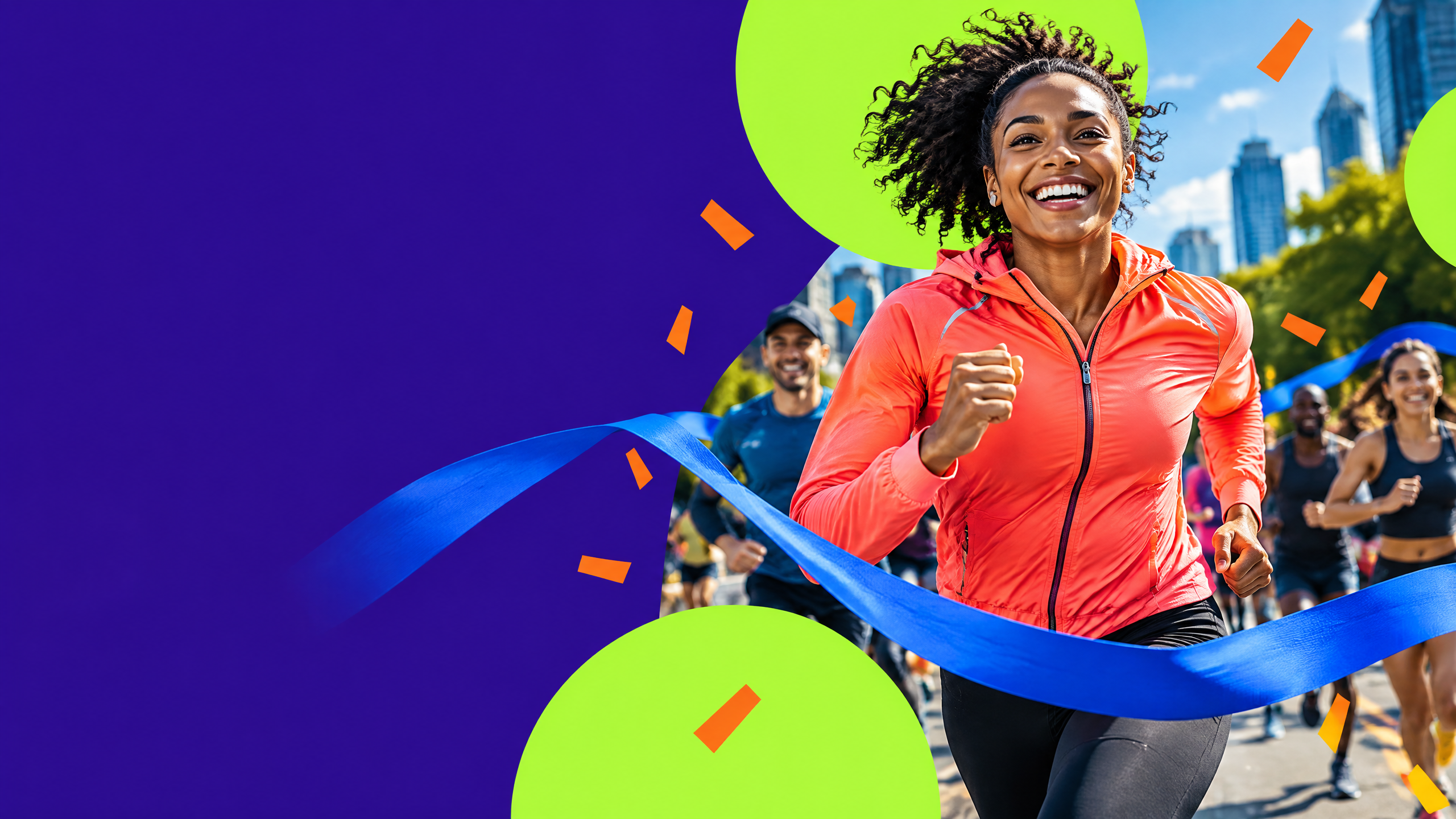 A colourful running campaign image with a runner and bold graphic shapes