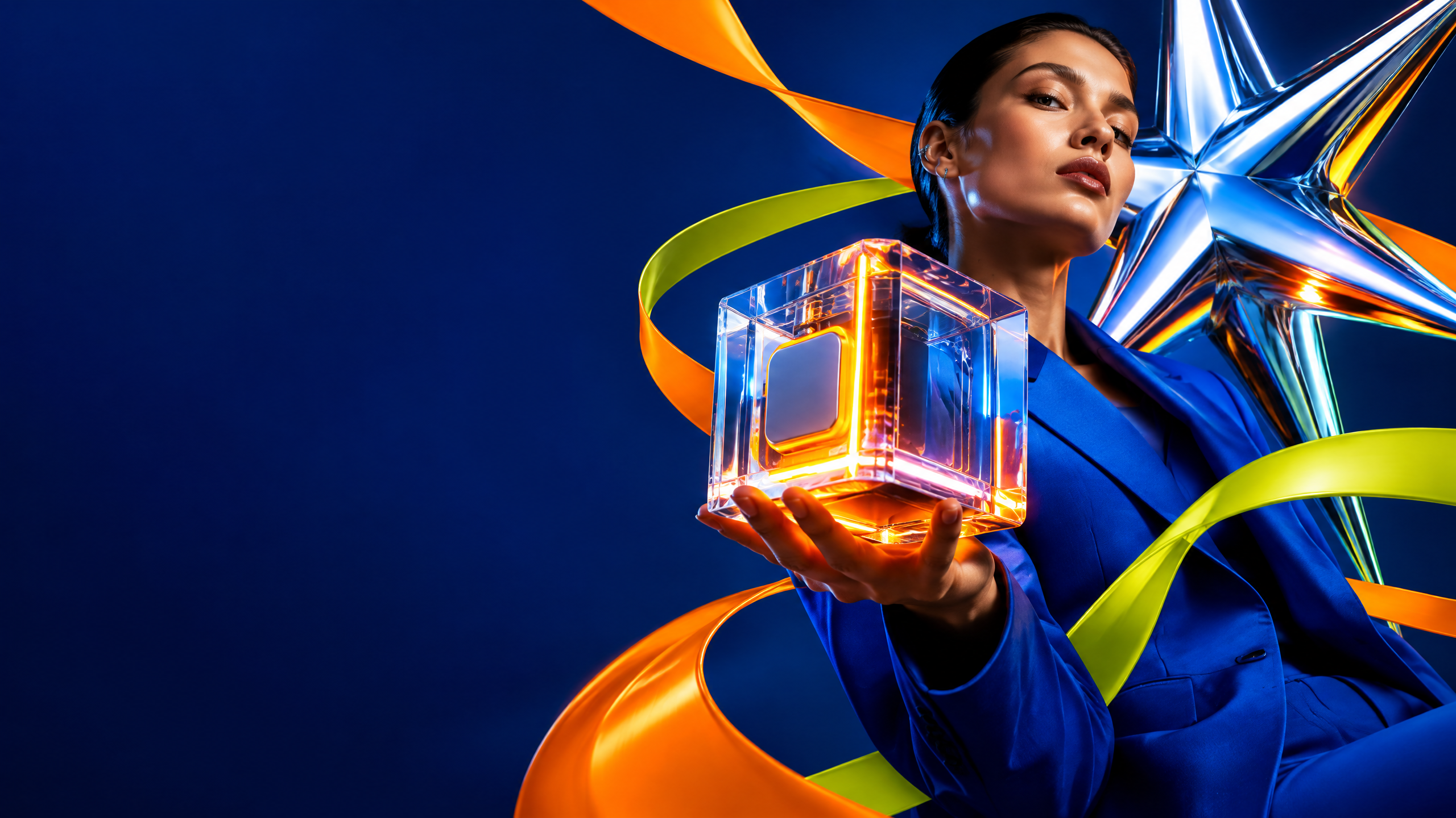 A futuristic brand image with a product cube, graphic ribbons and a chrome star